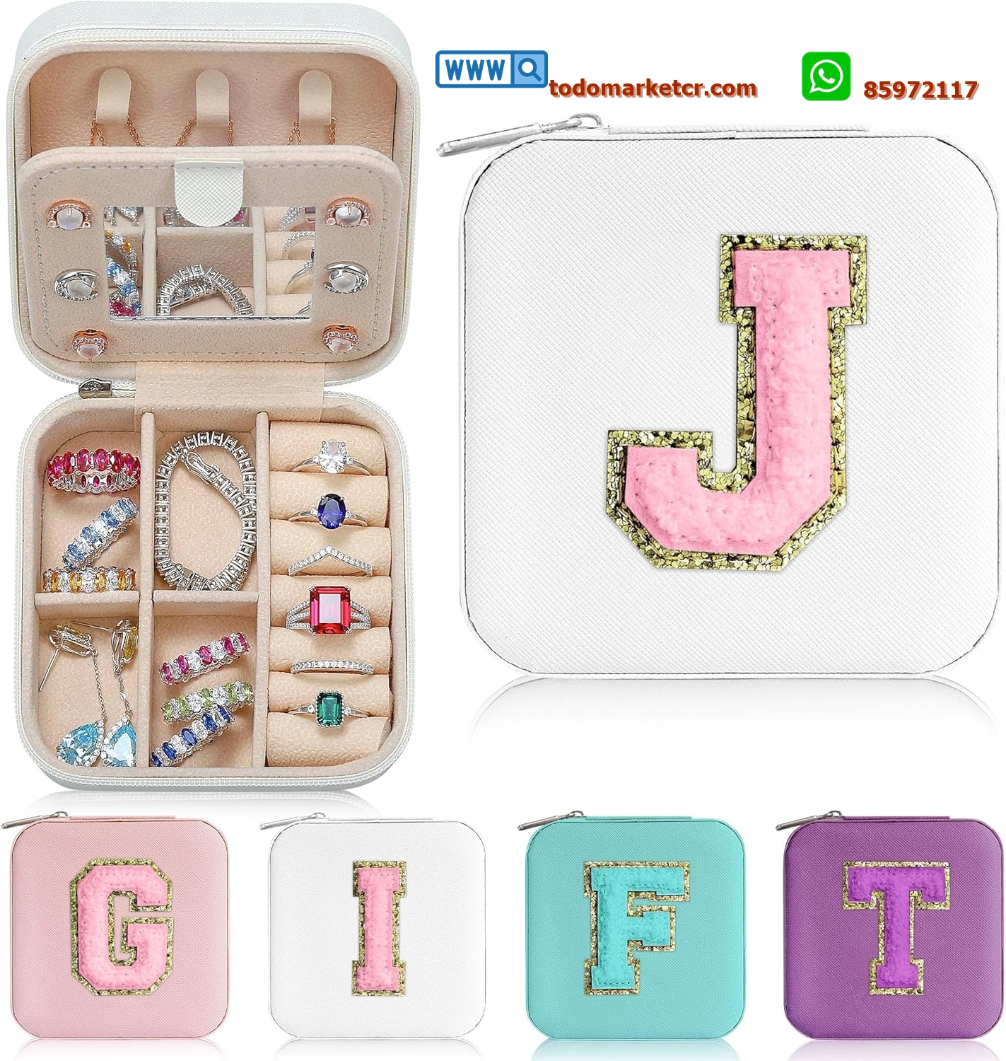 Caja organizadora de joyas 💍 para chicas y mujeres 👩👧 | Caja personalizada 🎁 | Para collares 📿, aretes 👂 y anillos 💎 – Letra J, color blanco ⚪