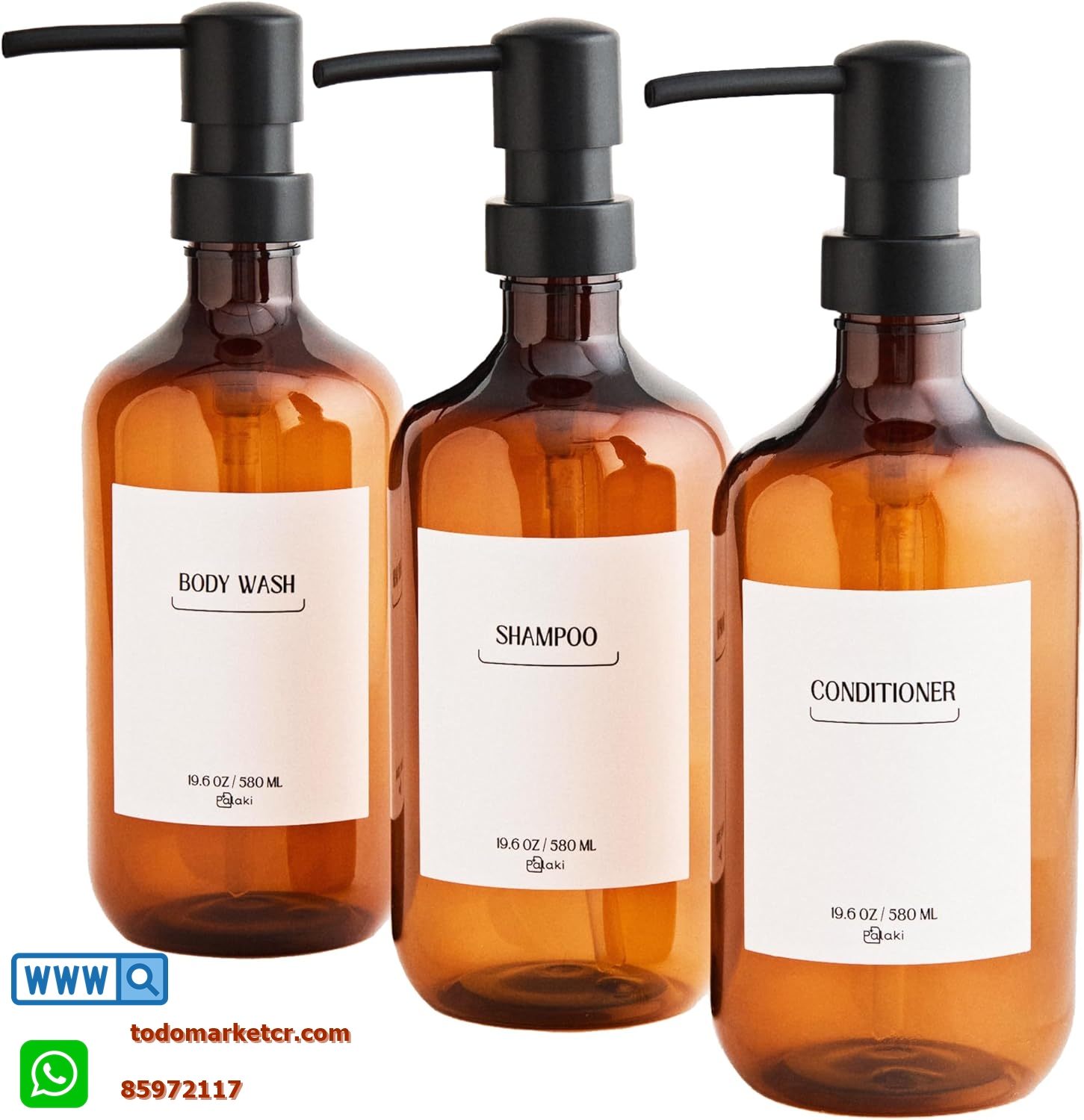 Set de 3 dispensadores 🚿 de shampoo 🧴 y acondicionador 💆‍♀️ – Diseño moderno ✨ de 580 ml (19.6 oz) en color ámbar 🍯. Hechos en plástico resistente 💪, ahorran espacio y mantienen la ducha organizada 🛁👌.